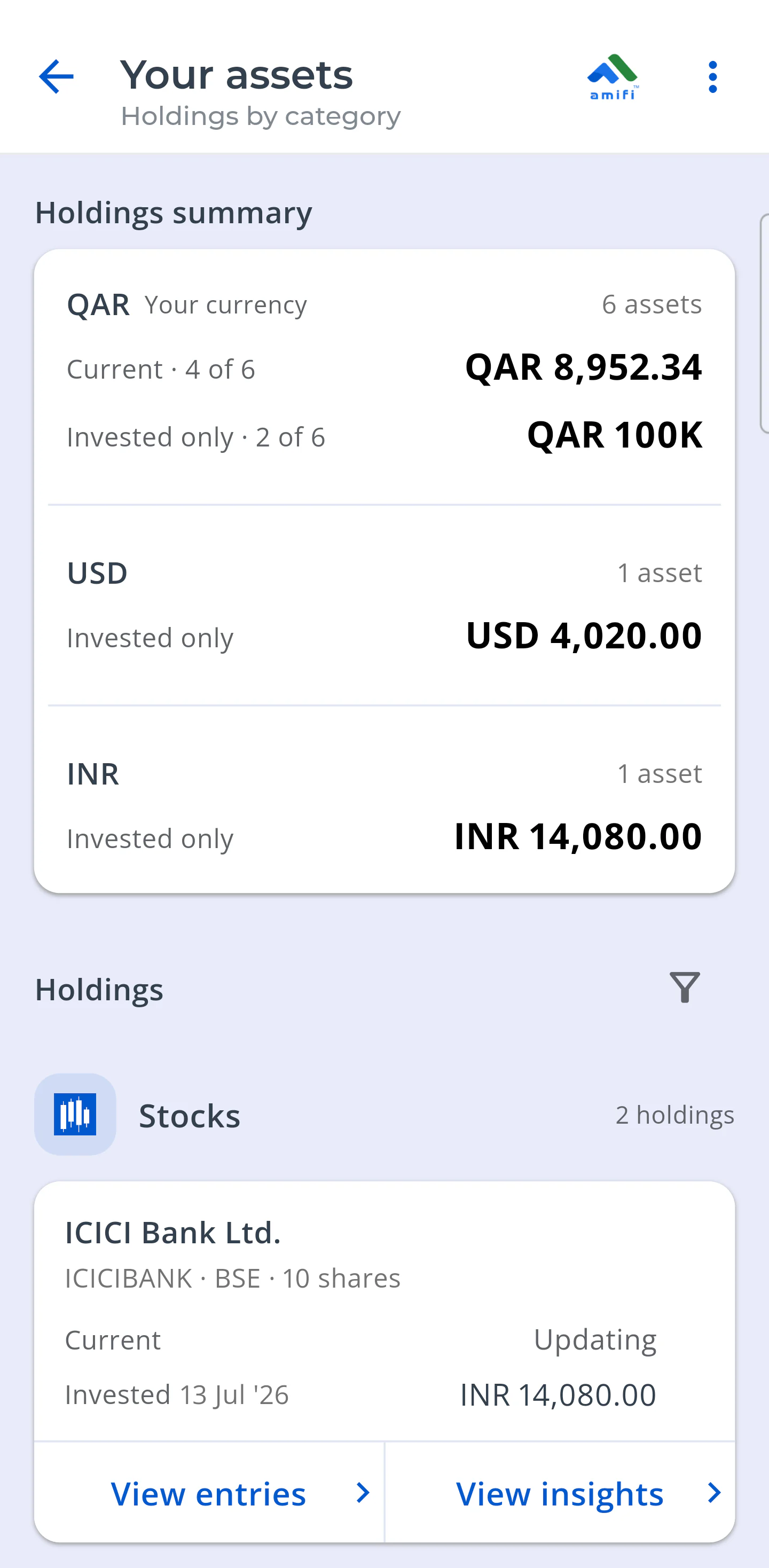 Money Tracker asset dashboard showing holdings by category and currency