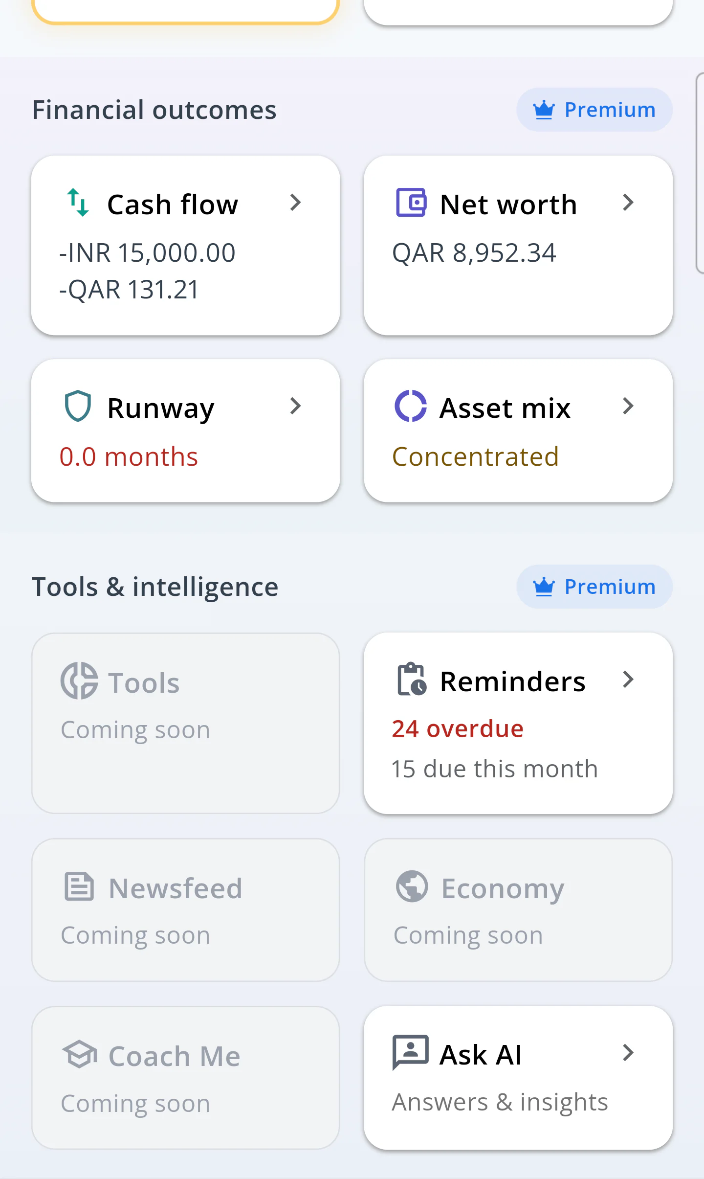 Money Tracker Home showing cash flow, net worth, runway and asset mix outcomes