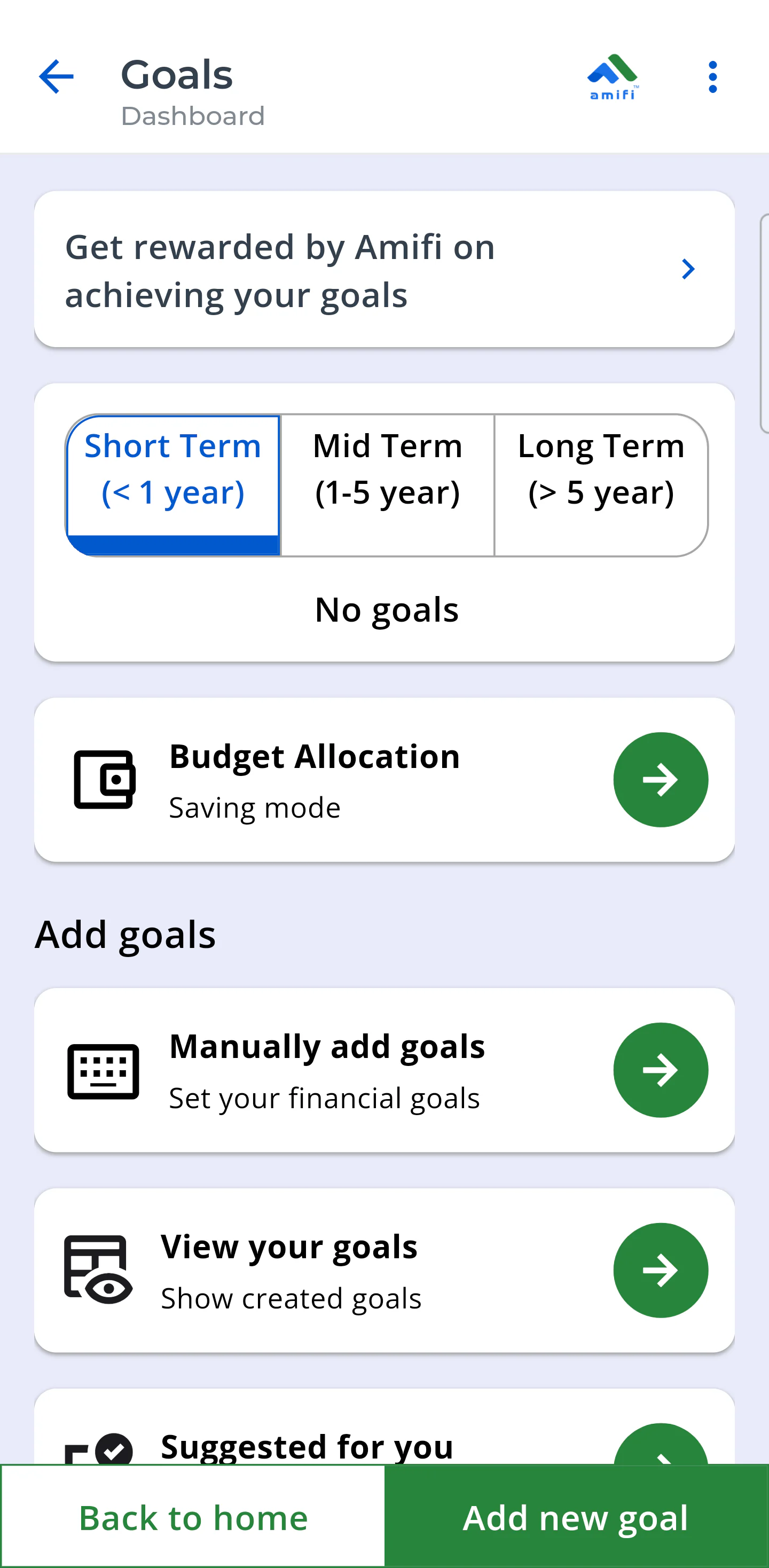 Money Tracker goals dashboard with truthful empty state and goal setup paths