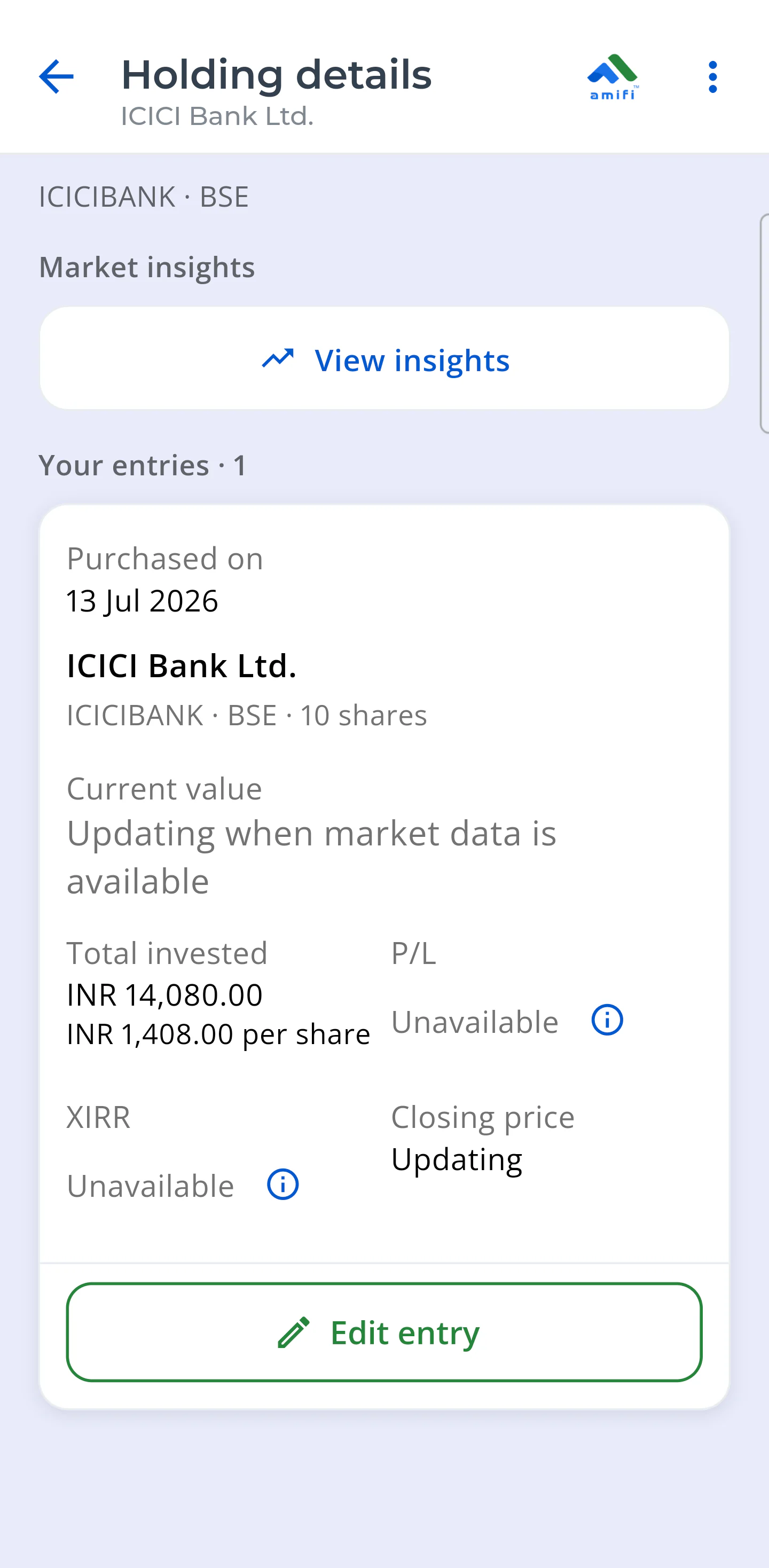 One investment holding recorded in Money Tracker