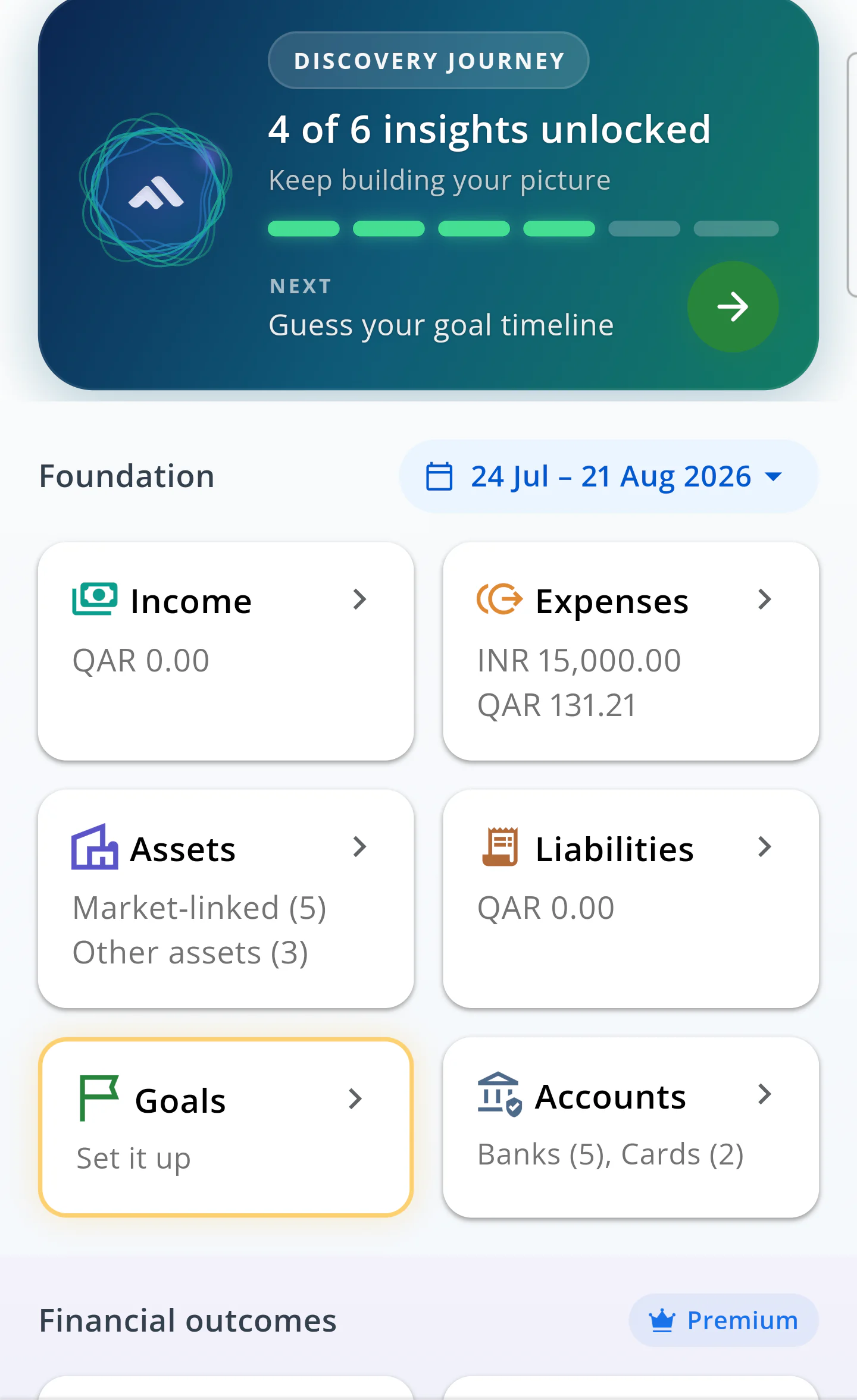 Money Tracker Home showing income, expenses, assets, liabilities, goals and accounts