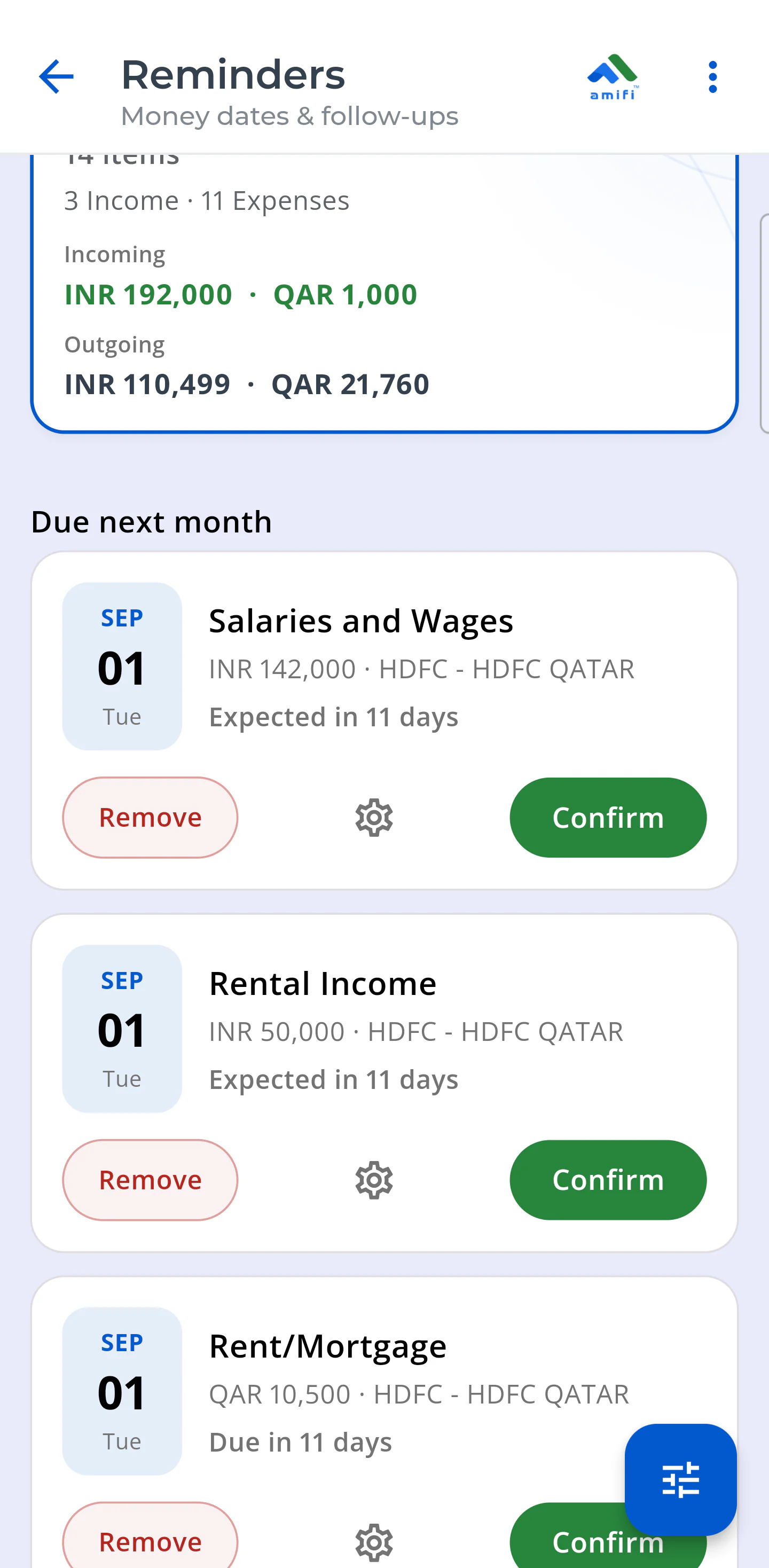 Money Tracker reminders for recurring income and expenses