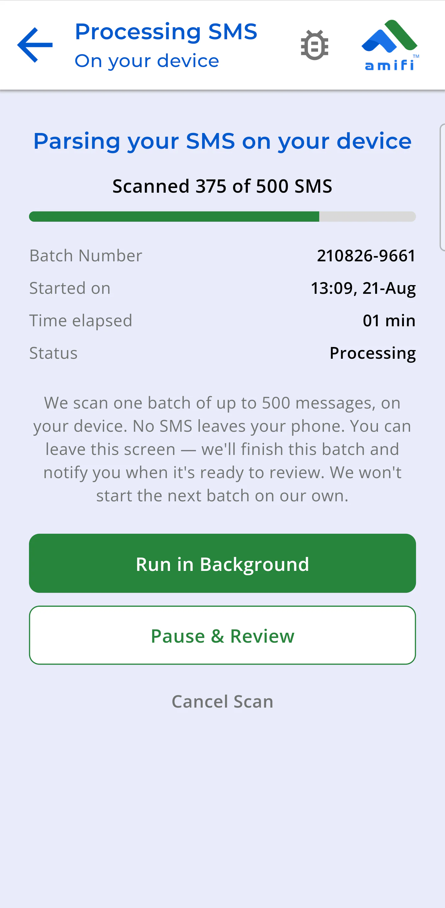 Money Tracker processing one batch of financial SMS on the phone